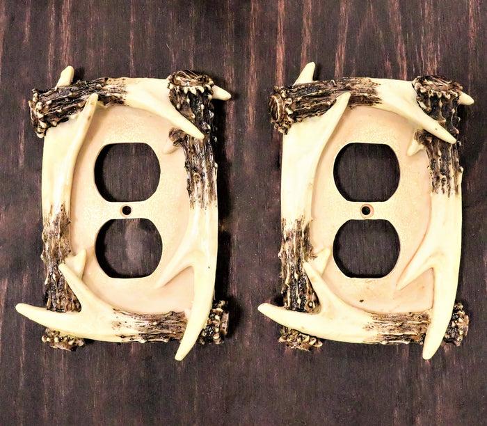 Ebros Set of 2 Novelty Woodland Rustic Forest Stag Deer Antlers Wall Electrical Cover Plate Accent Hand Painted Sculpted Antler Resin Home Decor Accessory (2 Double Outlets)