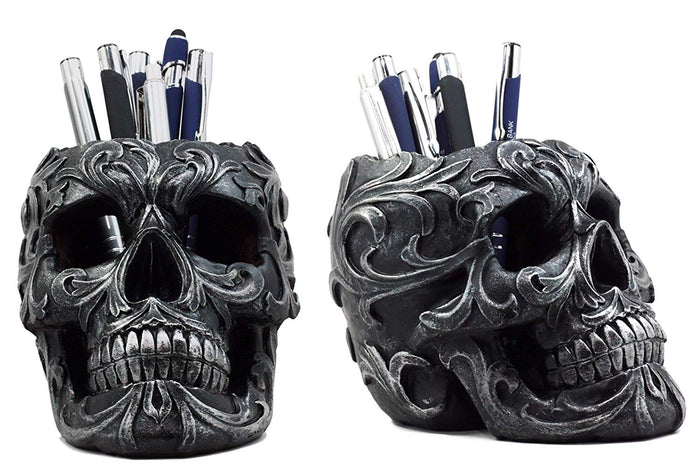 Ebros Set Of 2 Tribal Tattoo Floral Skulls Stationery Pen Holder Desktop