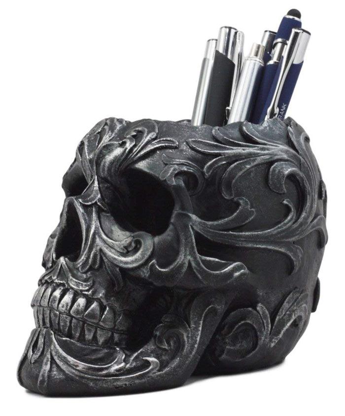 Ebros Set Of 2 Tribal Tattoo Floral Skulls Stationery Pen Holder Desktop