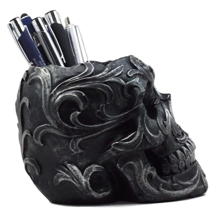 Ebros Set Of 2 Tribal Tattoo Floral Skulls Stationery Pen Holder Desktop