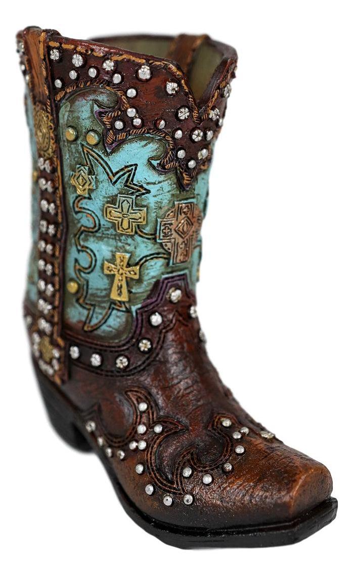 Ebros Set Of 2 Western Cowboy Turquoise Boots Make Up Tools Pencil Pen Holder Figurine