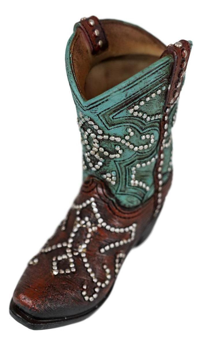 Ebros Set Of 2 Western Cowboy Turquoise Boots Make Up Tools Pencil Pen Holder Figurine