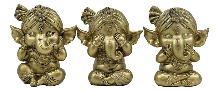 Ebros Set Of 3 See Hear Speak No Evil Ganesha With Turban Figurines 4" Tall