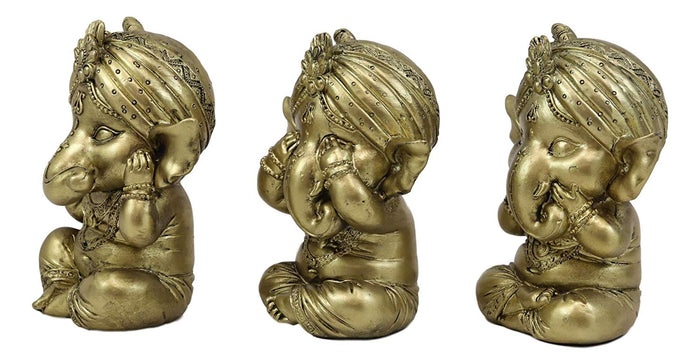 Ebros Set Of 3 See Hear Speak No Evil Ganesha With Turban Figurines 4" Tall