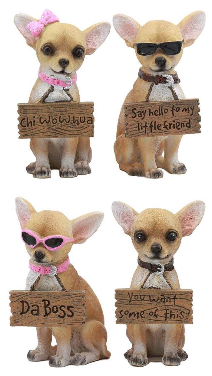 Ebros Set Of 4 Adorable Tea Cup Chihuahua Dog Holding Humorous Signs Small Figurines 4.25"Tall