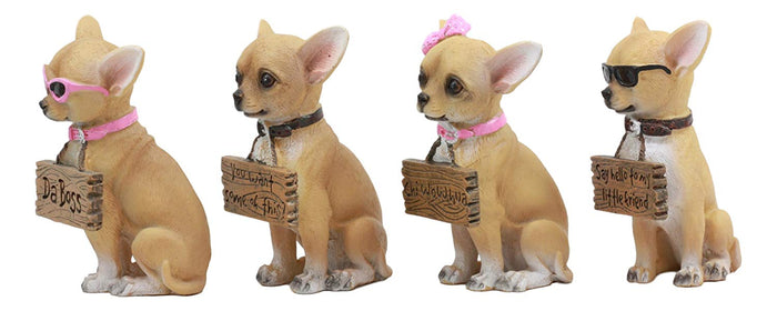 Ebros Set Of 4 Adorable Tea Cup Chihuahua Dog Holding Humorous Signs Small Figurines 4.25"Tall