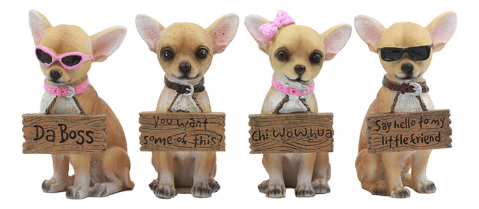 Ebros Set of 4 Adorable Tea Cup Chihuahua Dog Holding Humorous Signs Small Figurines 4.25"Tall Ebros Set of 4 Adorable Tea Cup Chihuahua Dog Holding Humorous Signs Small Figurines 4.25"Tall