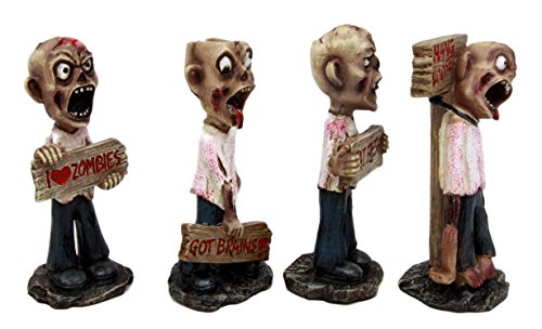 Ebros Set Of 4 Brain Eaters Walking Dead Zombie Holding Funny Signs Decorative Figurines 3.75" H