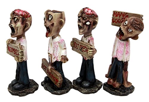 Ebros Set Of 4 Brain Eaters Walking Dead Zombie Holding Funny Signs Decorative Figurines 3.75" H
