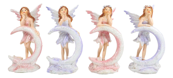 Ebros Set Of 4 Colorful Pink And Purple Enchanted Crescent Moon Fairy Mini Figurines