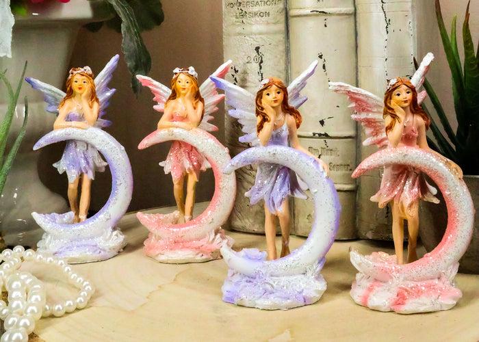 Ebros Set Of 4 Colorful Pink And Purple Enchanted Crescent Moon Fairy Mini Figurines