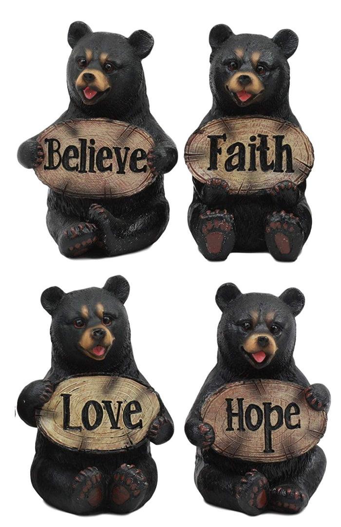 Ebros Set Of 4 Inspirational Bears Statues Whimsical Cute Black Bear Holding Love Believe Faith And Hope Sign Plaque Small Figurines Western Decor Rustic Nature Lovers