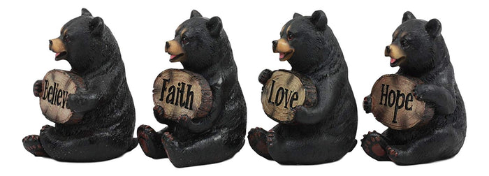 Ebros Set Of 4 Inspirational Bears Statues Whimsical Cute Black Bear Holding Love Believe Faith And Hope Sign Plaque Small Figurines Western Decor Rustic Nature Lovers