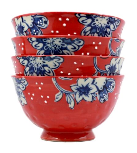 Ebros Set Of 4 Luxury Ottoman Style Textured Dining Bowls 5.75"Diameter Made Of Ceramic Ideal For Home Decor Dinnerware & Giftware (Red Floral)