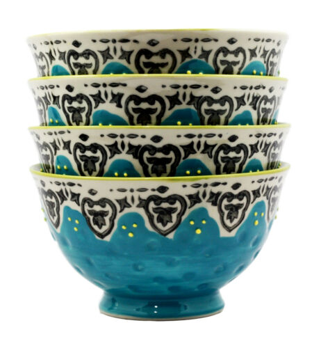 Ebros Set Of 4 Luxury Ottoman Style Textured Dining Bowls 5.75"Diameter Made Of Ceramic Ideal For Home Decor Dinnerware & Giftware (Turquoise Blossom)