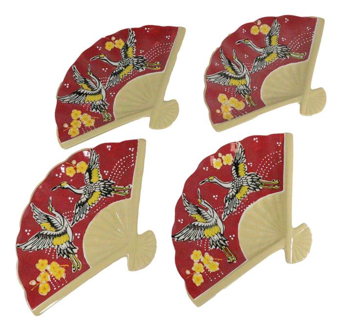 Ebros Set Of 4 Red Cranes Cherry Blossoms Oriental Fan Shaped Sushi Plates