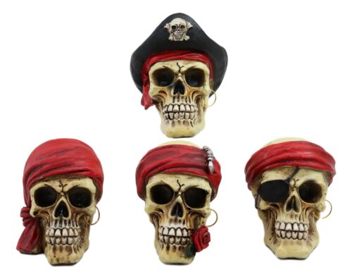 Ebros Set Of 4 Skeleton Pirate Captain Marauders Caribbean Sea Terrors Skulls Figurine