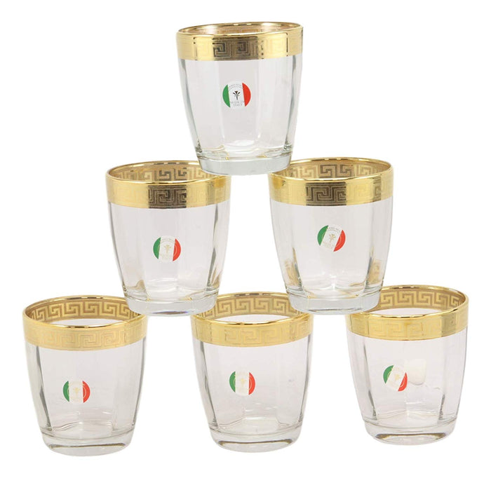 Ebros Set Of 6 Italian Import Elegant DOF Double Old Fashioned Tumbler Glass With 14k Gold Plated Classical Greek Key Greca Border Rim Accent 12oz Bartending Cocktail Glassware Lowball Rocks Glasses