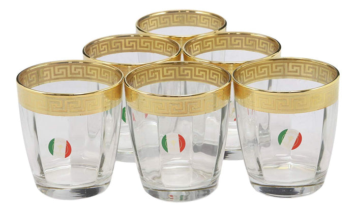 Ebros Set Of 6 Italian Import Elegant DOF Double Old Fashioned Tumbler Glass With 14k Gold Plated Classical Greek Key Greca Border Rim Accent 12oz Bartending Cocktail Glassware Lowball Rocks Glasses