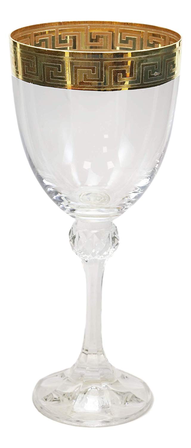 Ebros Set Of 6 Italian Wine Glasses Gold Plated Greek Key Border Rim & Stem Base
