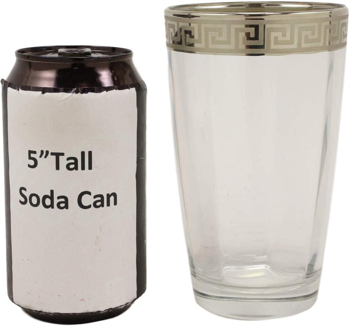Ebros Silver Accented Meander Greek Fret Key Rim 16oz Highball Glass Set Of 6