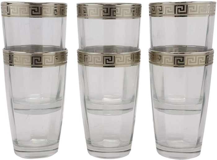 Ebros Silver Accented Meander Greek Fret Key Rim 16oz Highball Glass Set Of 6