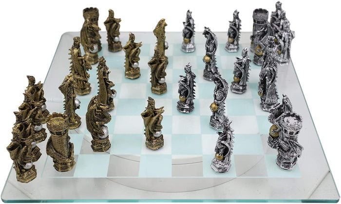 Ebros Silver And Gold King Arthur Merlin Dragons Chess Pieces With Board Set