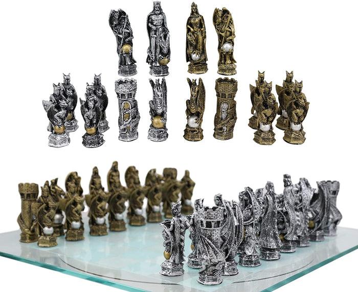 Ebros Silver And Gold King Arthur Merlin Dragons Chess Pieces With Board Set