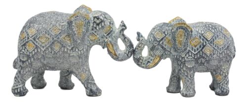 Ebros Silver And Gold Patterned Elephant Statue 5.25" Long Feng Shui Elephant Figurine Symbol Of Wisdom Fortune And Protection (Mother And Calf Elephants Set)