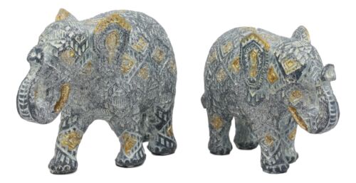 Ebros Silver And Gold Patterned Elephant Statue 5.25" Long Feng Shui Elephant Figurine Symbol Of Wisdom Fortune And Protection (Mother And Calf Elephants Set)