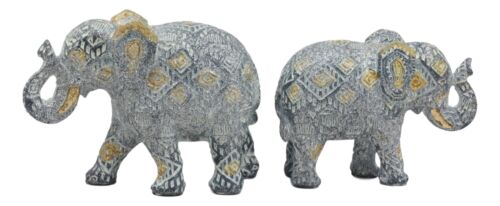 Ebros Silver And Gold Patterned Elephant Statue 5.25" Long Feng Shui Elephant Figurine Symbol Of Wisdom Fortune And Protection (Mother And Calf Elephants Set)