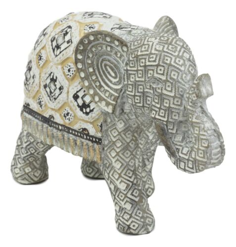 Ebros Silver Geometric Elephant Statue With Unique Tapestry Blanket Design 6.25" Long