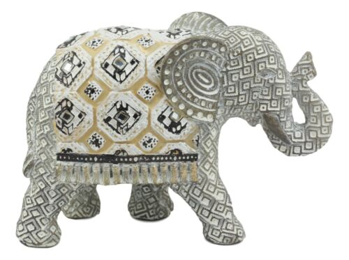 Ebros Silver Geometric Elephant Statue With Unique Tapestry Blanket Design 6.25" Long