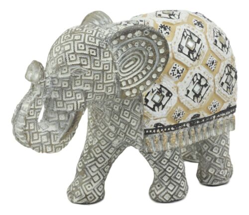 Ebros Silver Geometric Elephant Statue With Unique Tapestry Blanket Design 6.25" Long