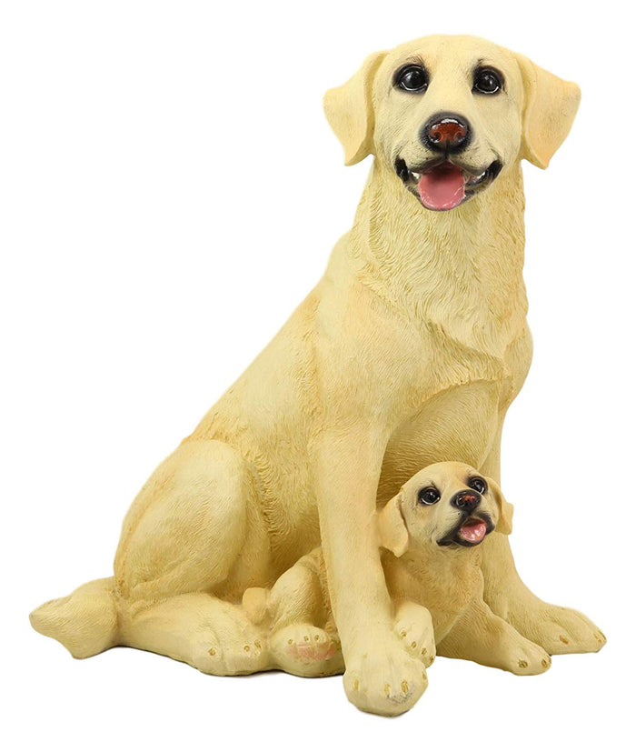 Ebros Sitting Adorable Yellow Labrador Retriever Mother With Puppy Statue 11.25" H Golden Retriever Dog Home Decor Sculpture Animal Realistic Figurine With Glass Eyes