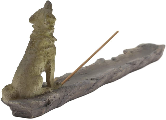 Ebros Sitting Alpha Gray Wolf Howling By The Creek Incense Burner Holder