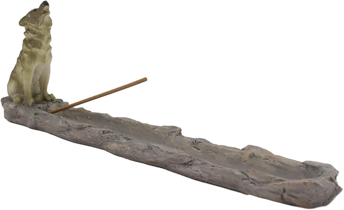 Ebros Sitting Alpha Gray Wolf Howling By The Creek Incense Burner Holder