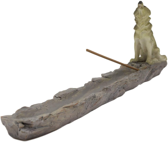 Ebros Sitting Alpha Gray Wolf Howling By The Creek Incense Burner Holder