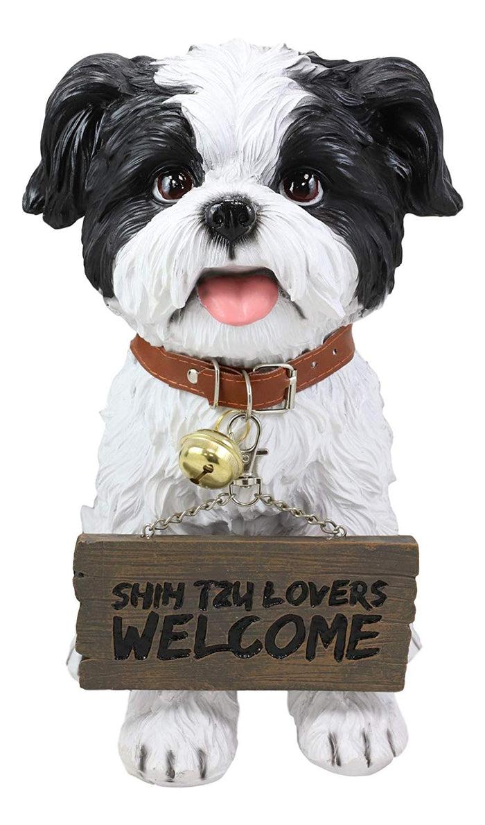 Ebros- Small But Sassy - Adorable Black & White Shih Tzu Puppy Dog Sitting Figure With Reversible Welcome Sign Home Accent Patio Sculpture Garden Décor 11-inch