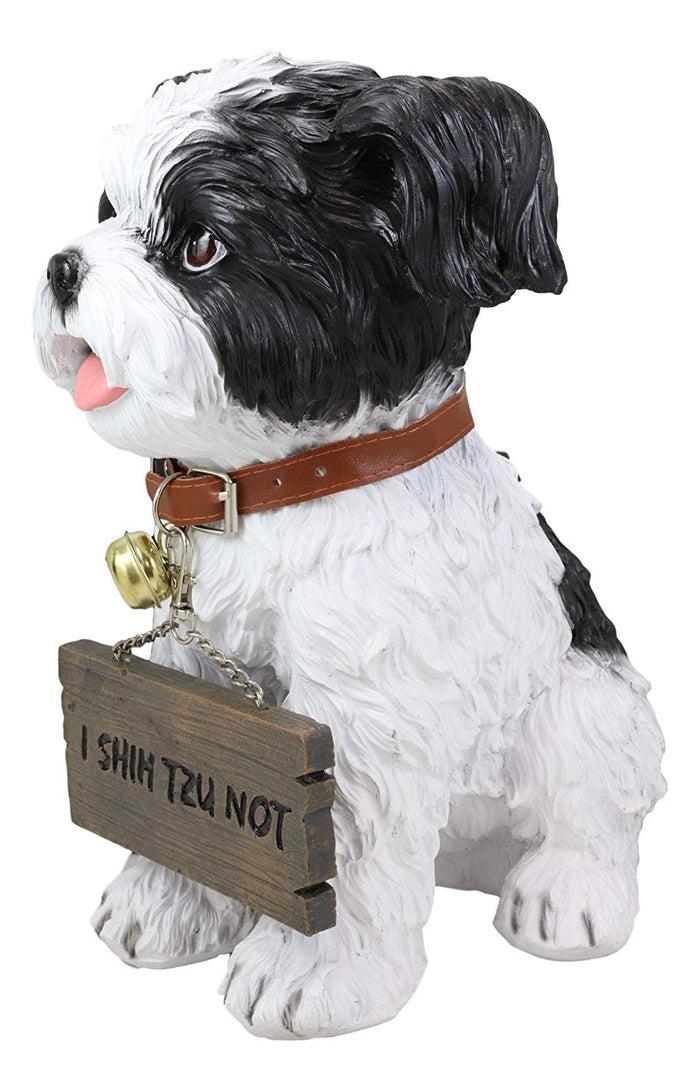Ebros- Small But Sassy - Adorable Black & White Shih Tzu Puppy Dog Sitting Figure With Reversible Welcome Sign Home Accent Patio Sculpture Garden Décor 11-inch