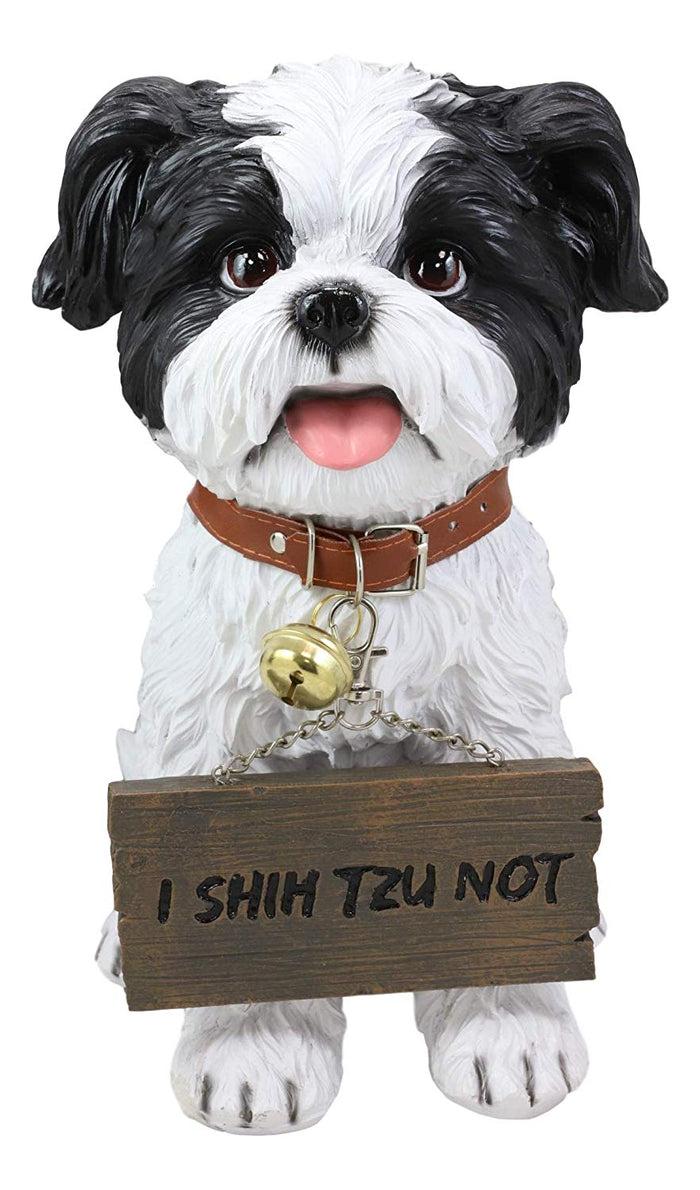 Ebros- Small But Sassy - Adorable Black & White Shih Tzu Puppy Dog Sitting Figure With Reversible Welcome Sign Home Accent Patio Sculpture Garden Décor 11-inch
