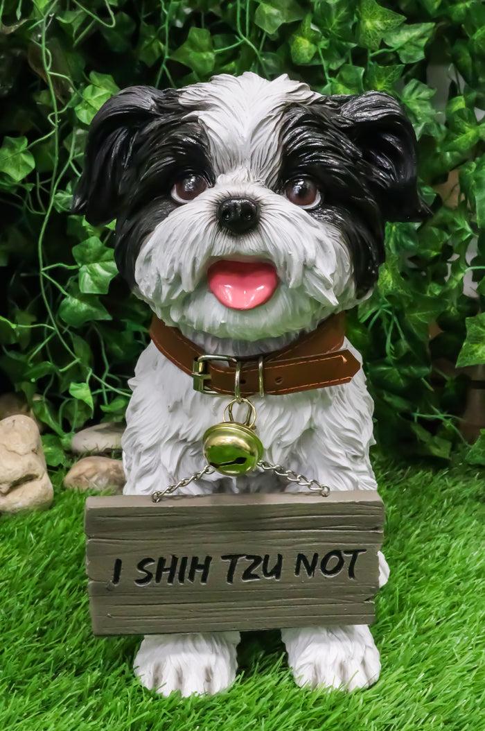 Ebros- Small But Sassy - Adorable Black & White Shih Tzu Puppy Dog Sitting Figure with Reversible Welcome Sign Home Accent Patio Sculpture Garden Décor 11-inch