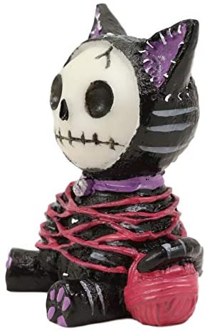 Ebros Small Furry Bones Voodoo Mao Cat In Yarn Bondage Skeleton Figurine 2.25" H