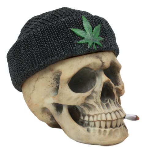 Ebros Smoking Human Skull With Leaf Beanie Hat Ashtray Jewelry Box 6.5" Long