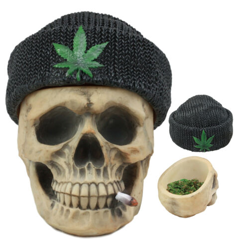 Ebros Smoking Human Skull With Leaf Beanie Hat Ashtray Jewelry Box 6.5" Long