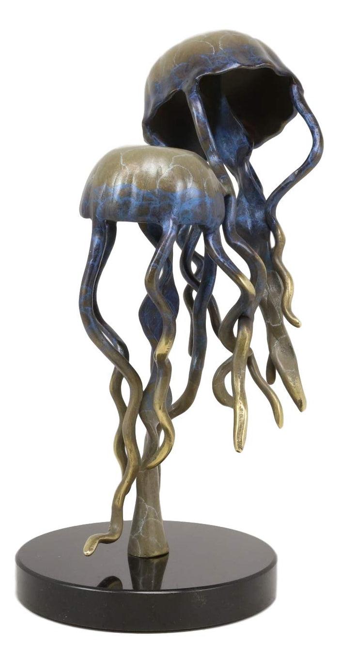 Ebros Solid Brass Colorful Nautical Pacific Ocean Jellyfish Pair Floating In The Sea Statue With Marble Base 10.25" Tall Museum Gallery Quality Marine Accent Coastal Decorative Figurine