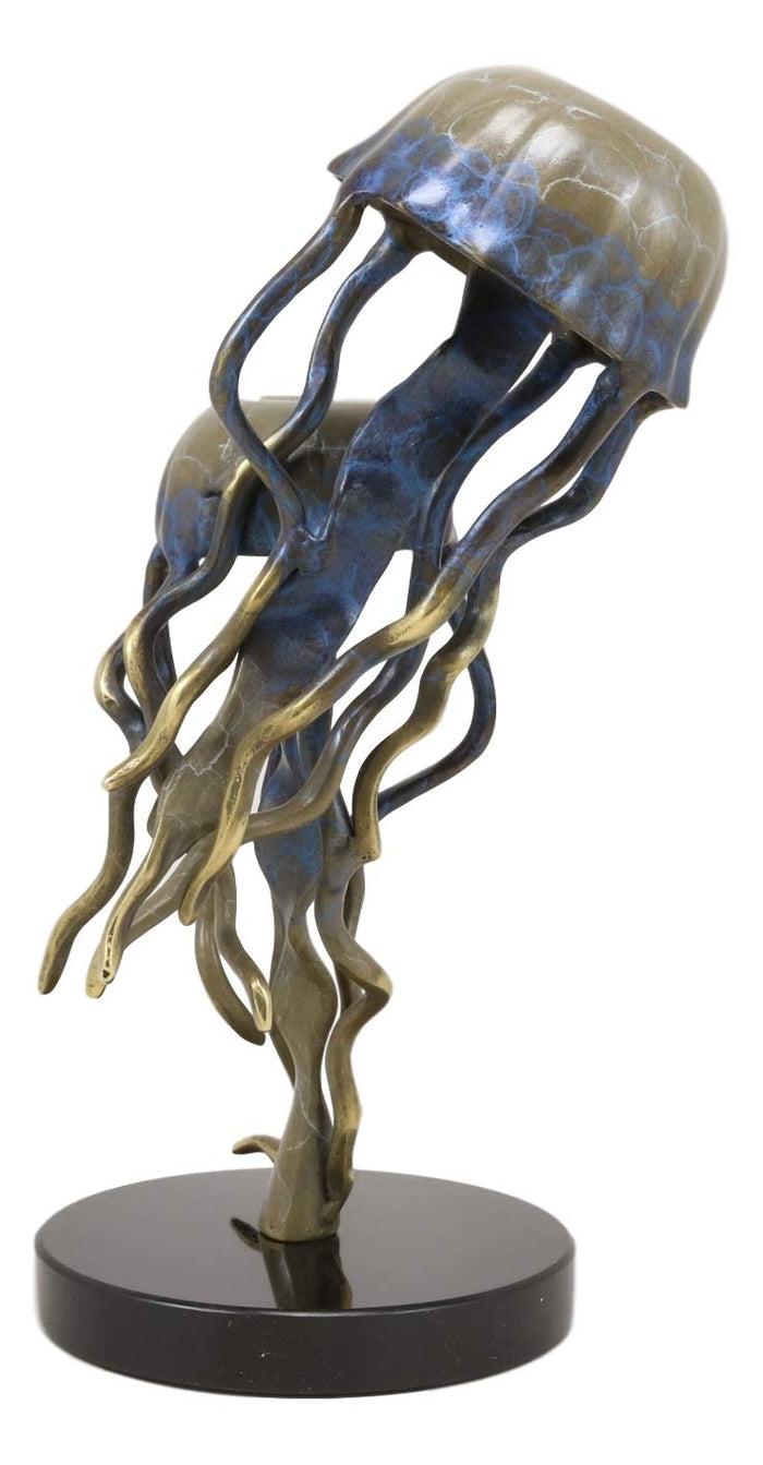 Ebros Solid Brass Colorful Nautical Pacific Ocean Jellyfish Pair Floating In The Sea Statue With Marble Base 10.25" Tall Museum Gallery Quality Marine Accent Coastal Decorative Figurine