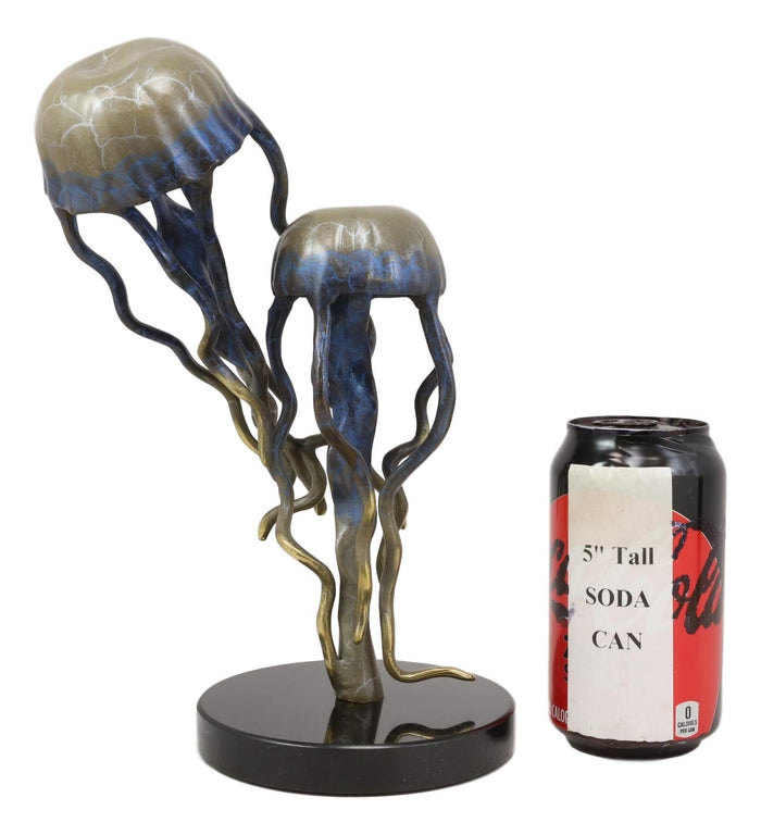 Ebros Solid Brass Colorful Nautical Pacific Ocean Jellyfish Pair Floating In The Sea Statue With Marble Base 10.25" Tall Museum Gallery Quality Marine Accent Coastal Decorative Figurine
