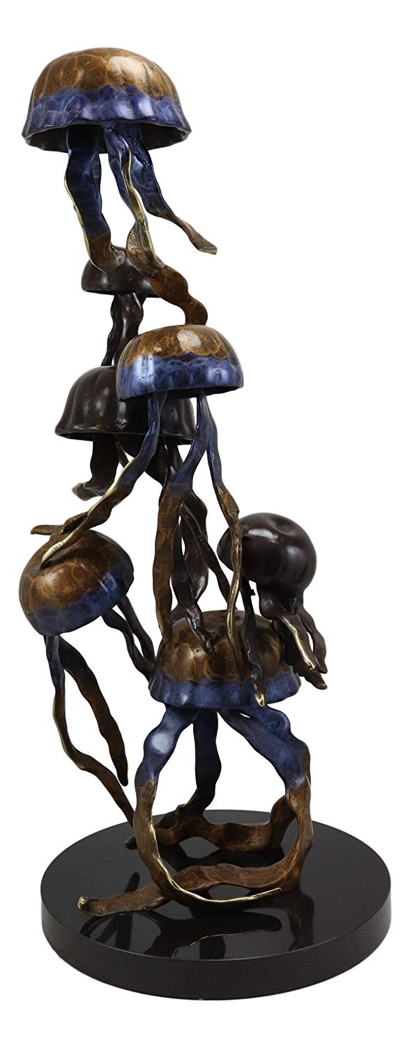 Ebros Solid Brass Large Colorful Nautical Pacific Ocean Jellyfish Sextet Swarm Floating In The Sea Statue With Marble Base 17.75" Tall Museum Gallery Quality Marine Accent Coastal Decorative Figurine