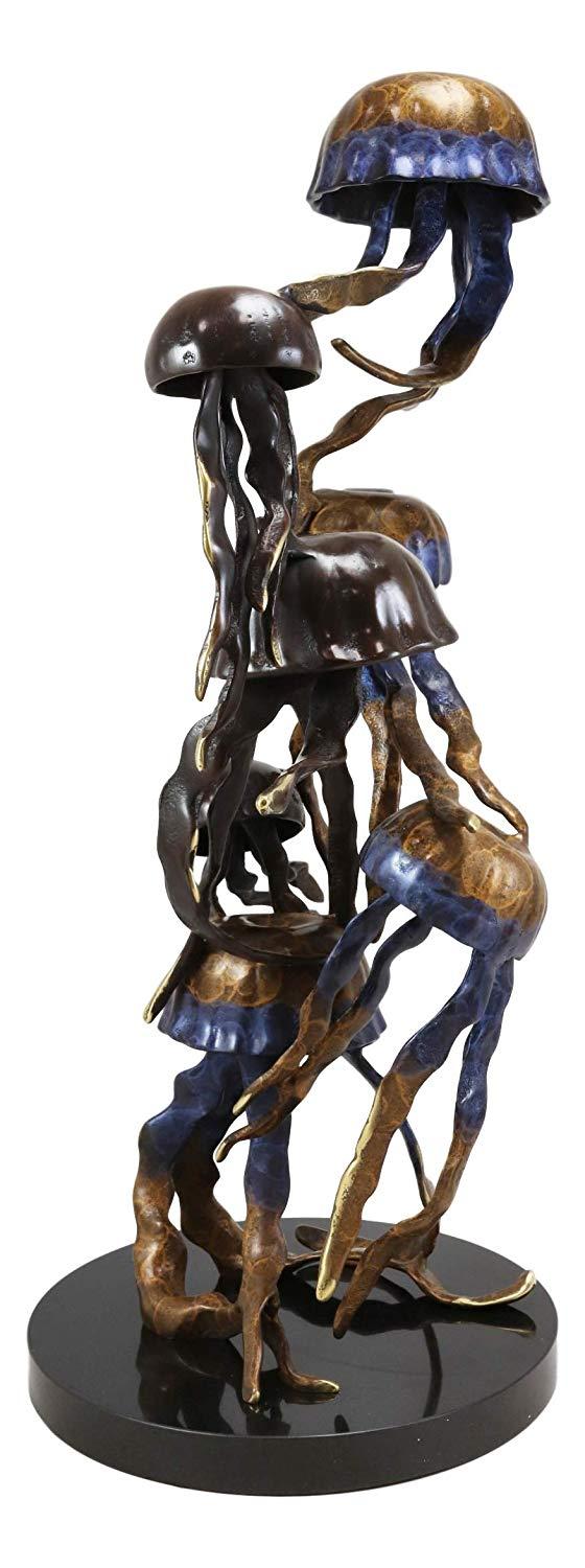Ebros Solid Brass Large Colorful Nautical Pacific Ocean Jellyfish Sextet Swarm Floating In The Sea Statue With Marble Base 17.75" Tall Museum Gallery Quality Marine Accent Coastal Decorative Figurine